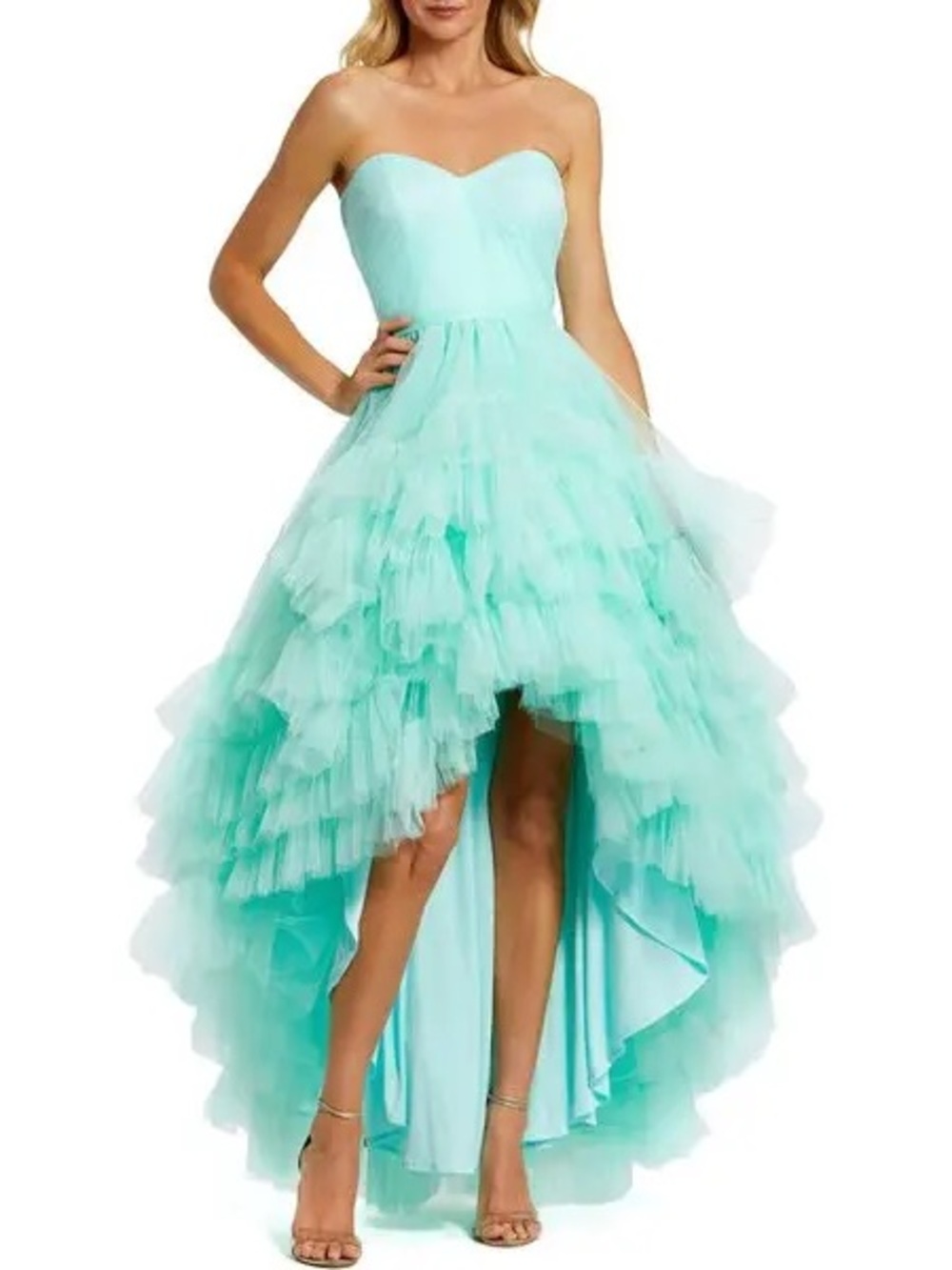 Mac Duggal Ruffle High-Low Strapless Gown